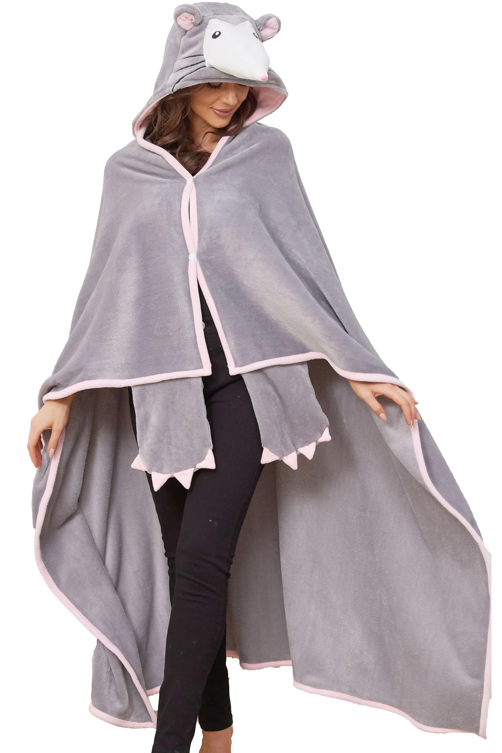 Opossum Hooded Blanket – Wearable Cozy Cape with Hood for Adults, Unisex Flannel Fleece Throw for Lounging
