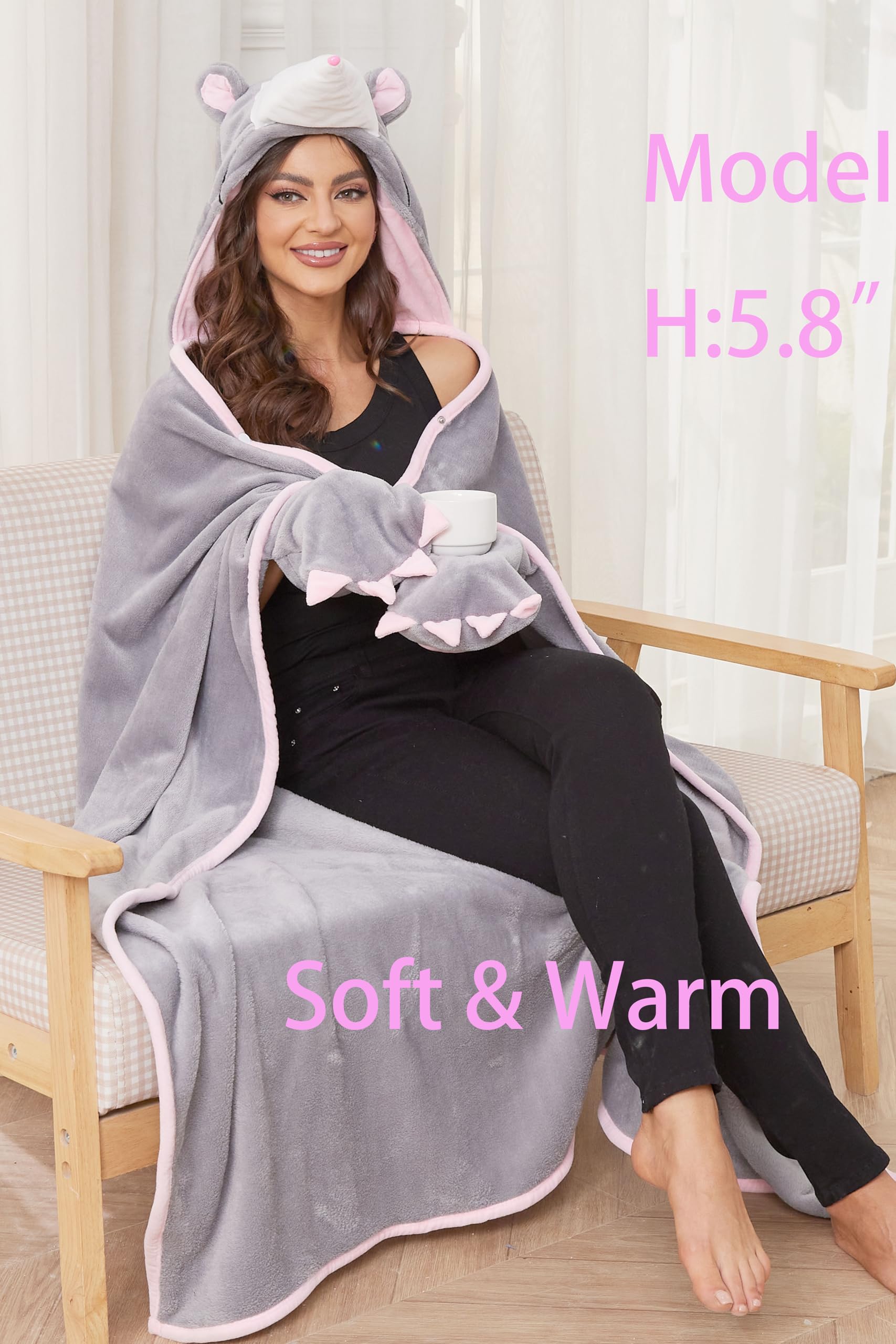 Opossum Hooded Blanket – Wearable Cozy Cape with Hood for Adults, Unisex Flannel Fleece Throw for Lounging