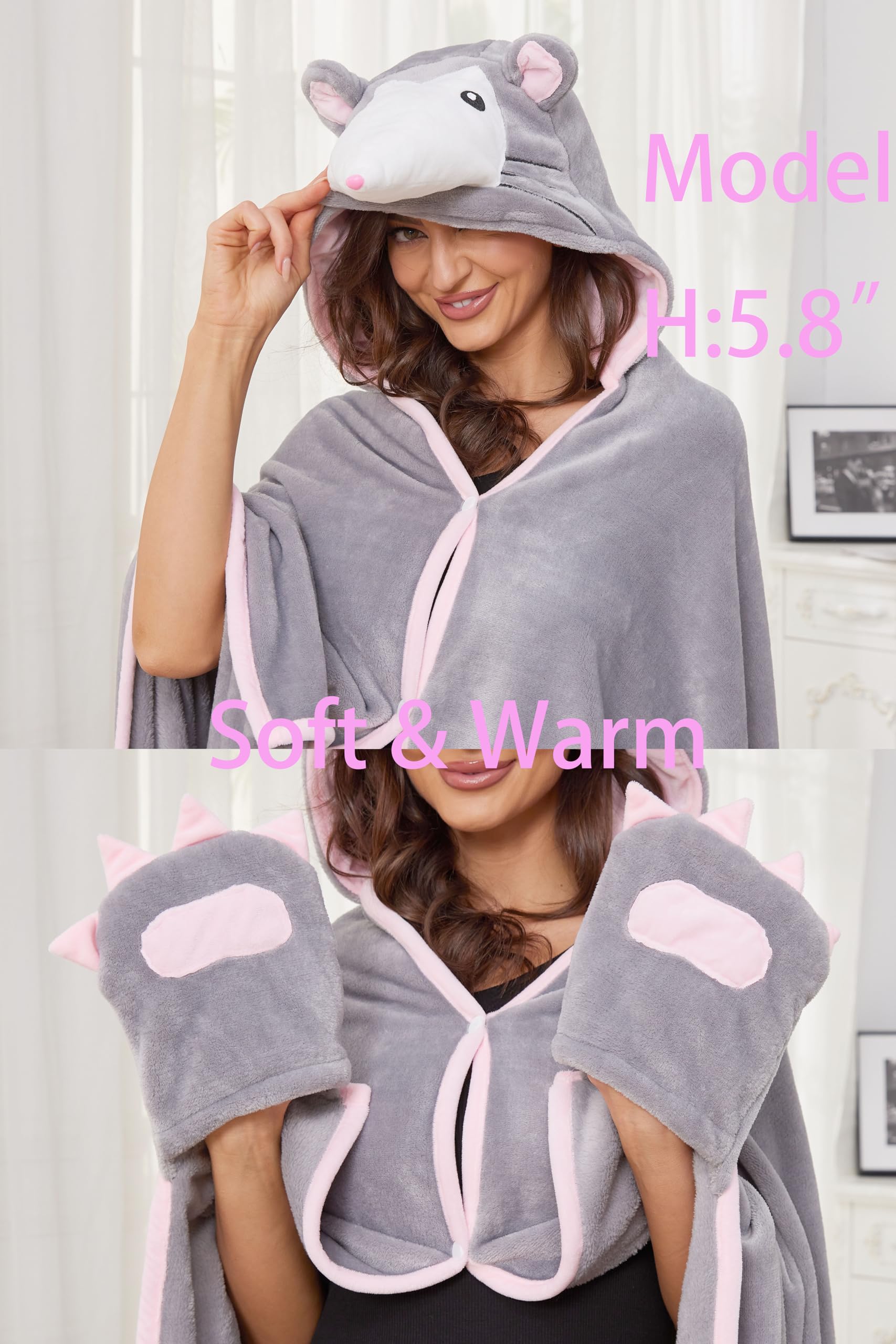 Opossum Hooded Blanket – Wearable Cozy Cape with Hood for Adults, Unisex Flannel Fleece Throw for Lounging