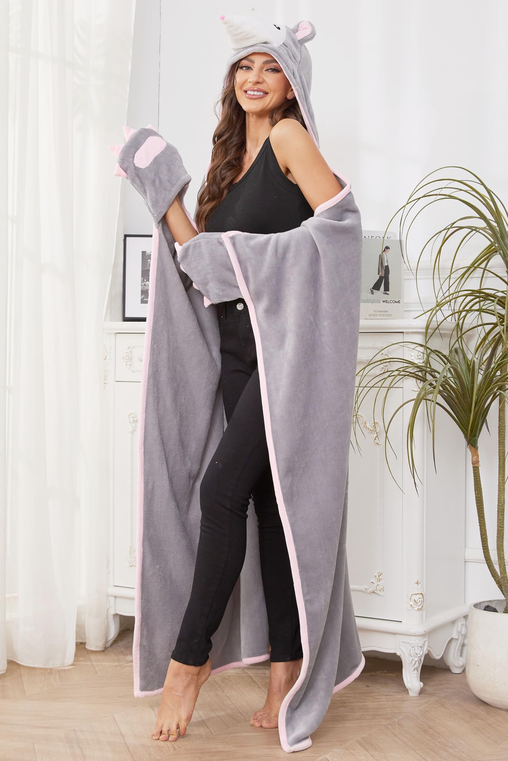 Opossum Hooded Blanket – Wearable Cozy Cape with Hood for Adults, Unisex Flannel Fleece Throw for Lounging