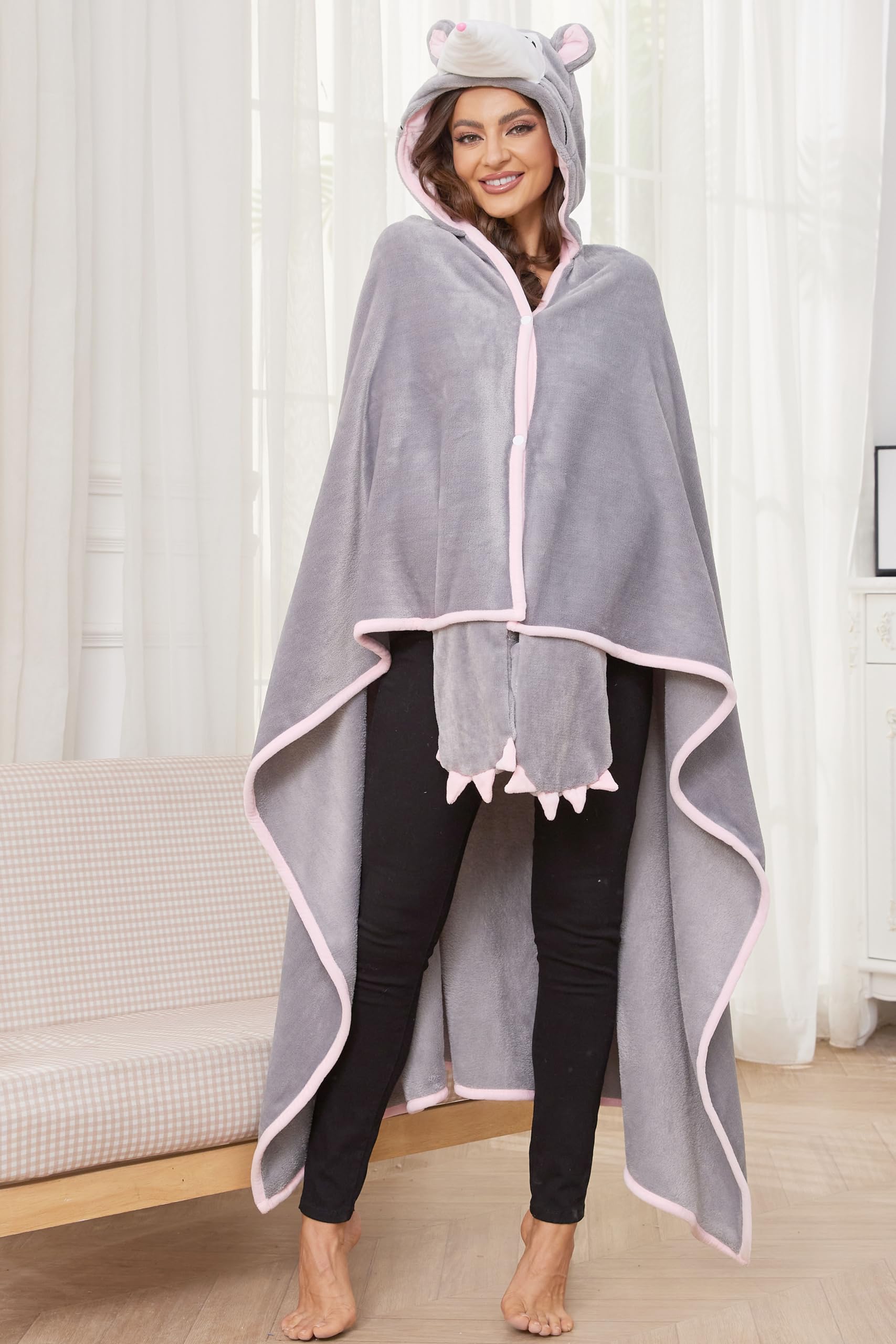 Opossum Hooded Blanket – Wearable Cozy Cape with Hood for Adults, Unisex Flannel Fleece Throw for Lounging