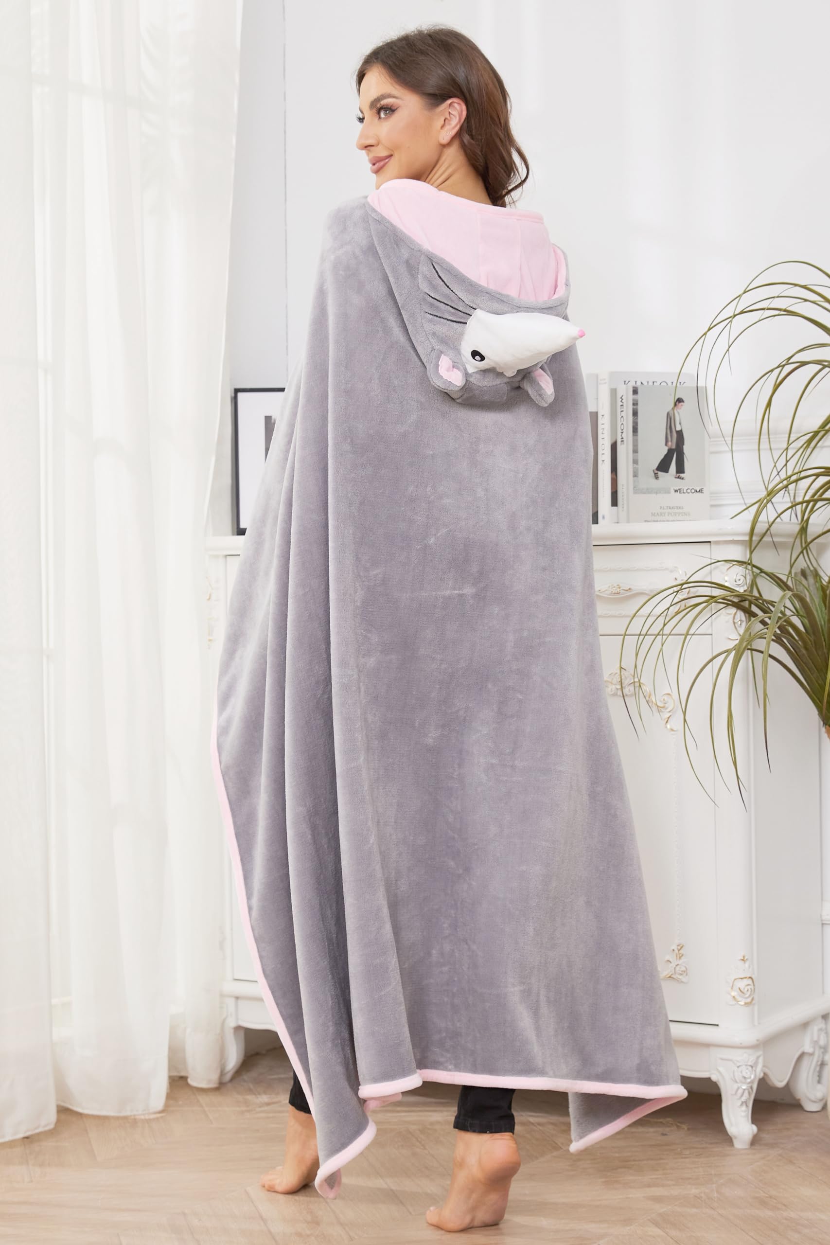 Opossum Hooded Blanket – Wearable Cozy Cape with Hood for Adults, Unisex Flannel Fleece Throw for Lounging