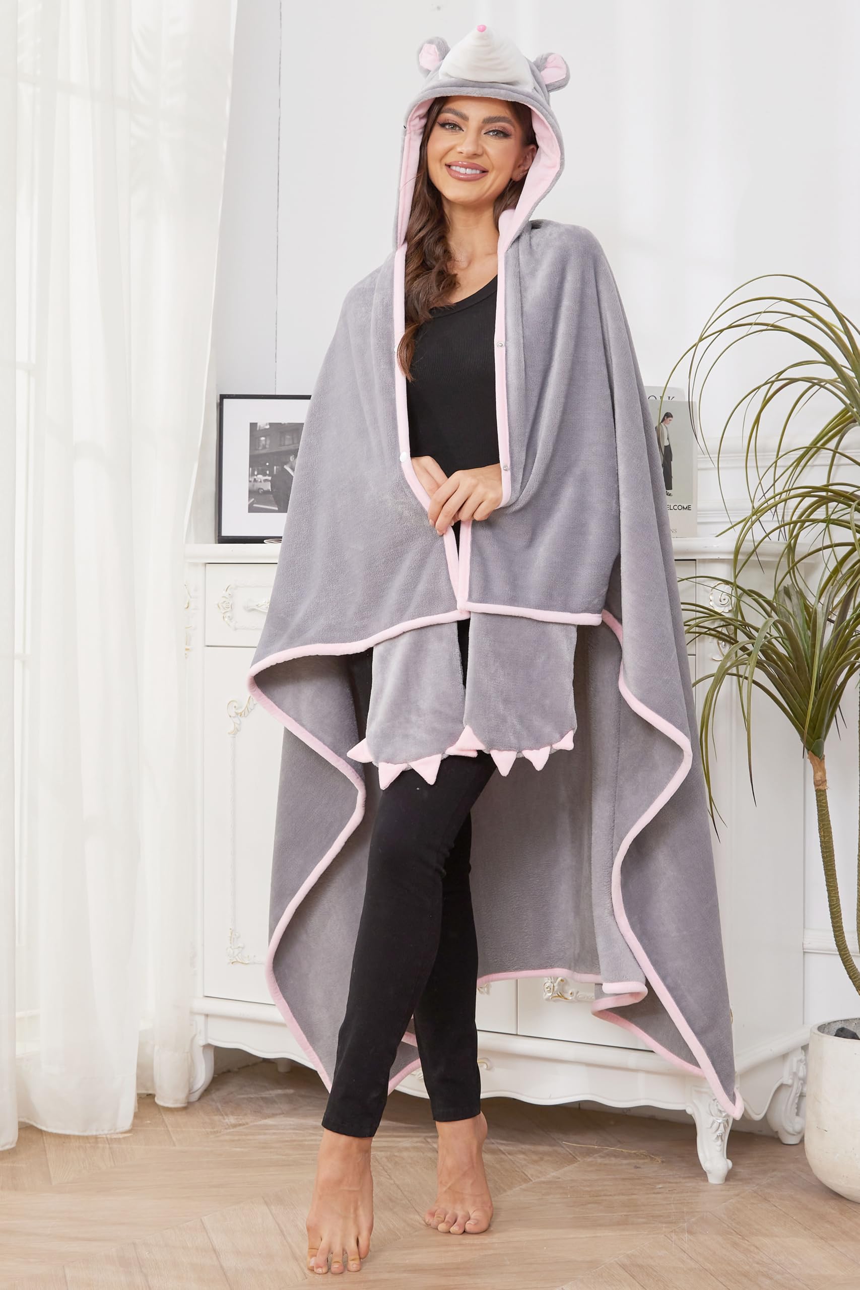 Opossum Hooded Blanket – Wearable Cozy Cape with Hood for Adults, Unisex Flannel Fleece Throw for Lounging