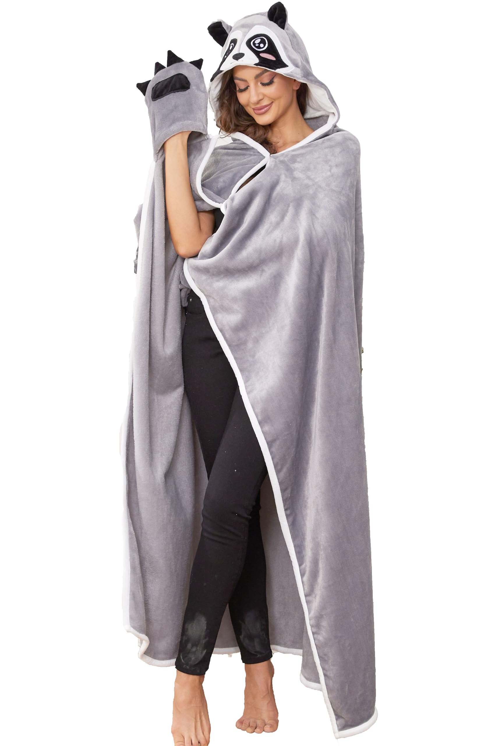 Raccoon Hooded Blanket – Wearable Cozy Cape with Hood for Adults, Unisex Flannel Fleece Throw for Lounging