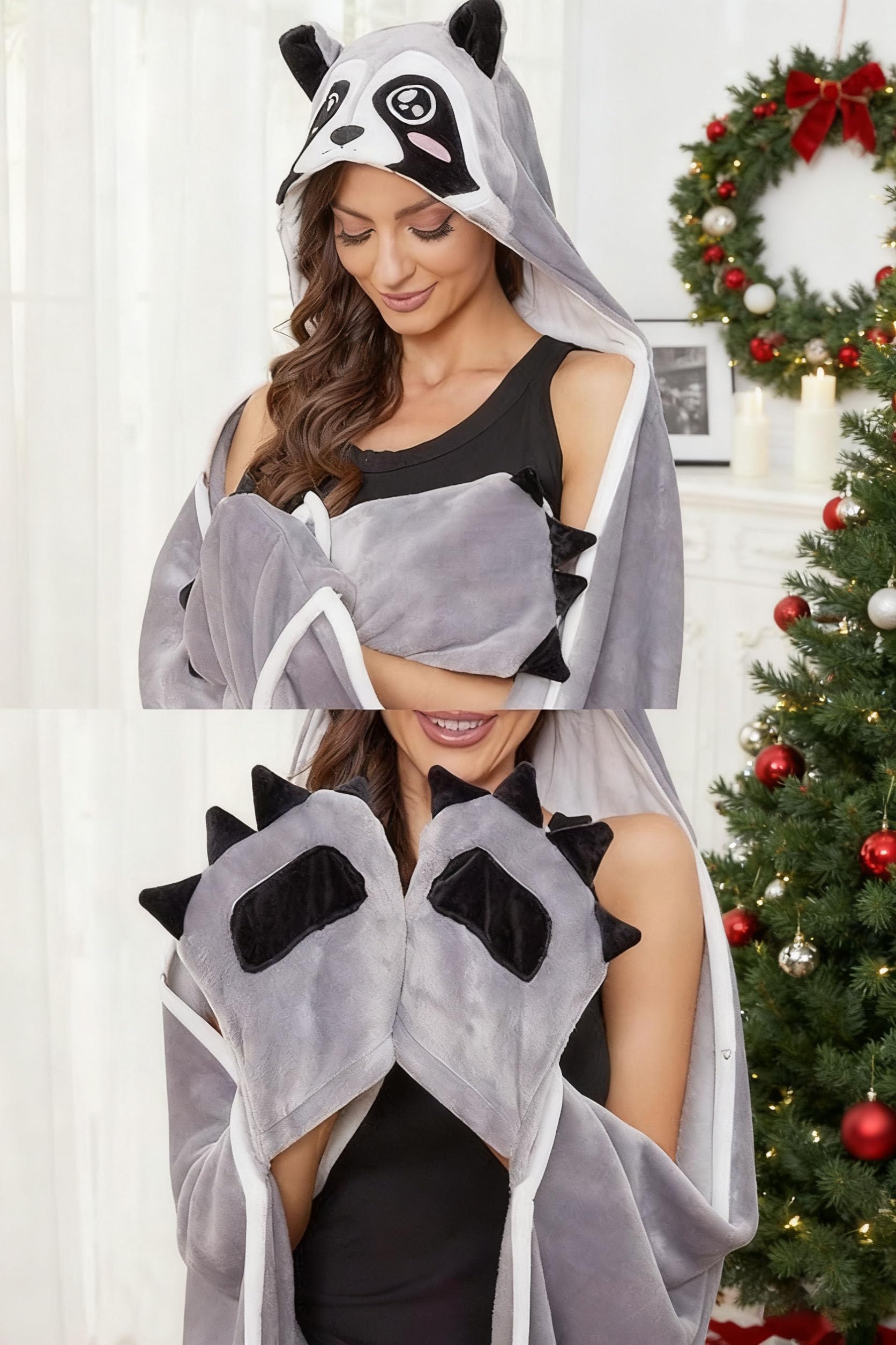 Raccoon Hooded Blanket – Wearable Cozy Cape with Hood for Adults, Unisex Flannel Fleece Throw for Lounging