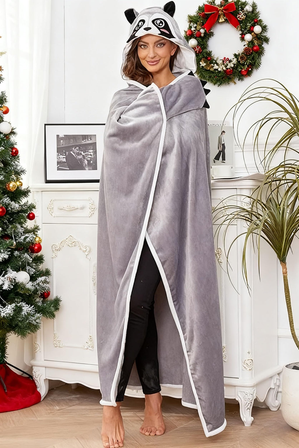 Raccoon Hooded Blanket – Wearable Cozy Cape with Hood for Adults, Unisex Flannel Fleece Throw for Lounging