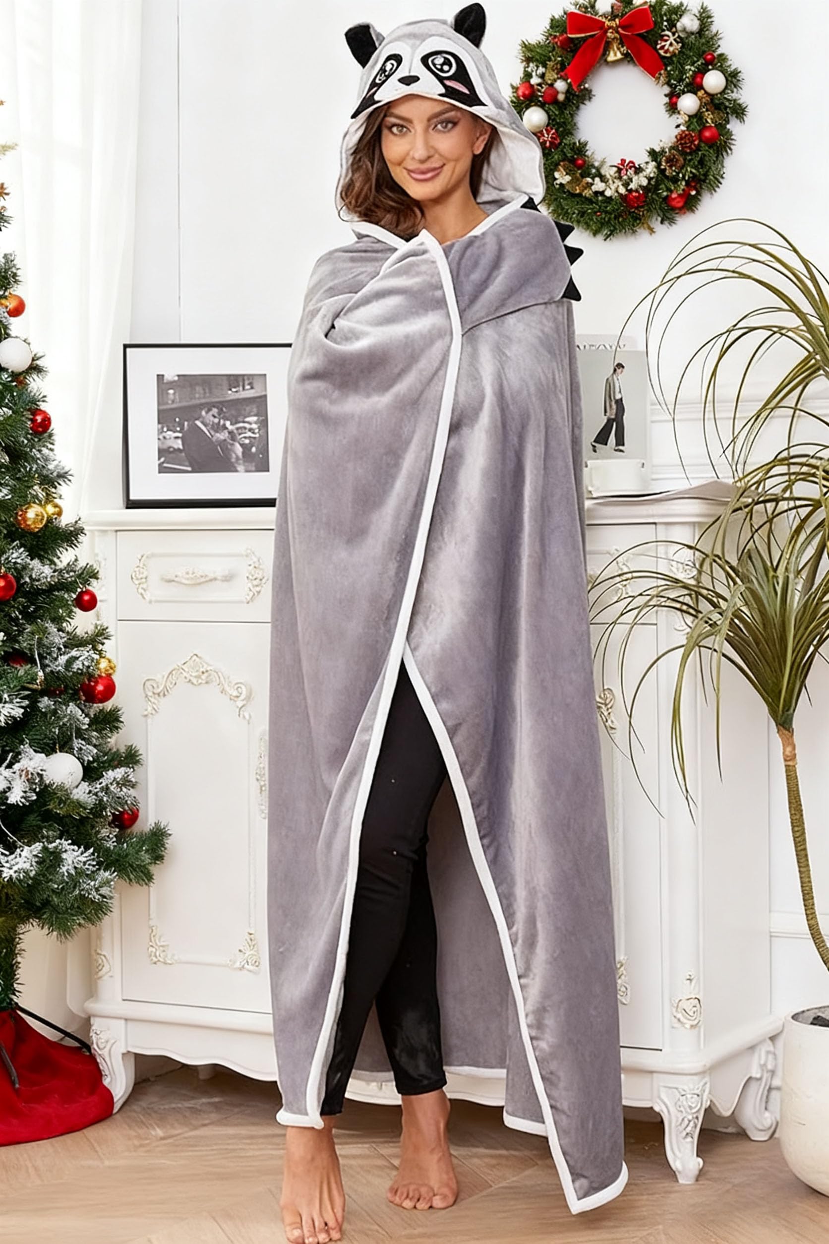 Raccoon Hooded Blanket – Wearable Cozy Cape with Hood for Adults, Unisex Flannel Fleece Throw for Lounging