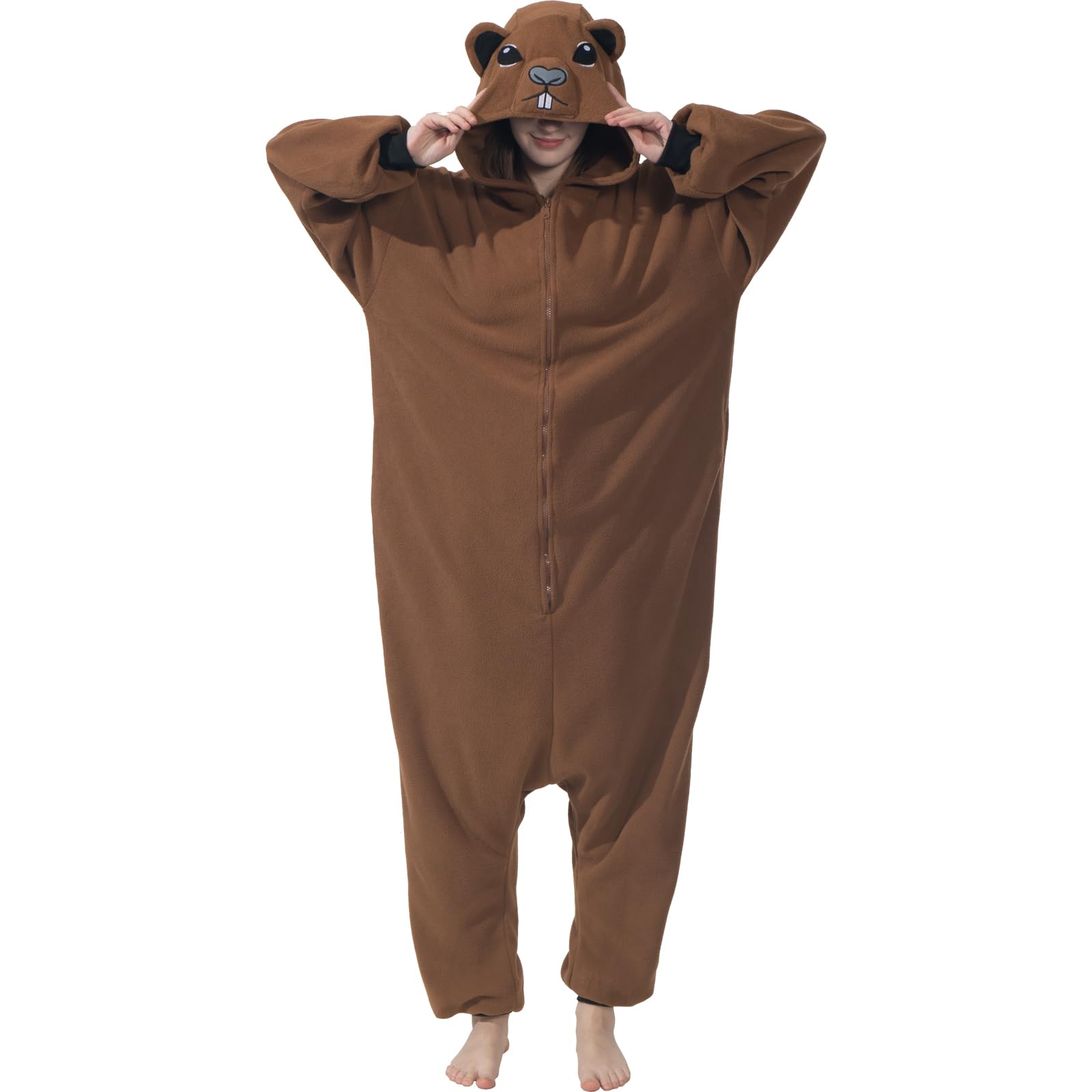 Adult Sea Otter Onesie Costume – Adorable Plush Animal Pajamas with Ears, Tail & Detachable Gloves for Halloween