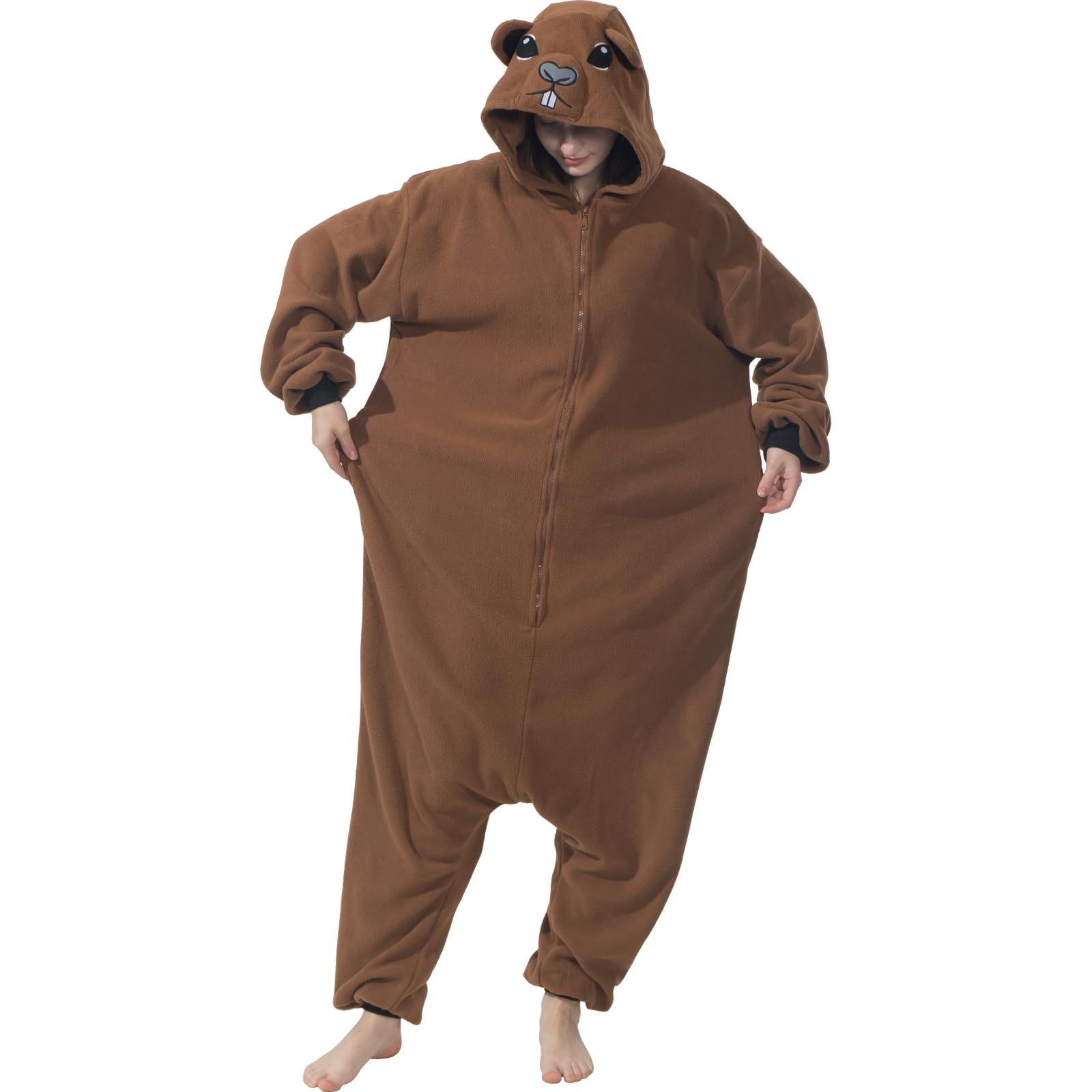 Adult Sea Otter Onesie Costume – Adorable Plush Animal Pajamas with Ears, Tail & Detachable Gloves for Halloween