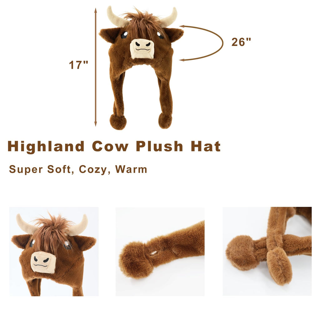 Cute Highland Cow Plush Hat – Cozy Scottish Cow Hood with Horns & Ears