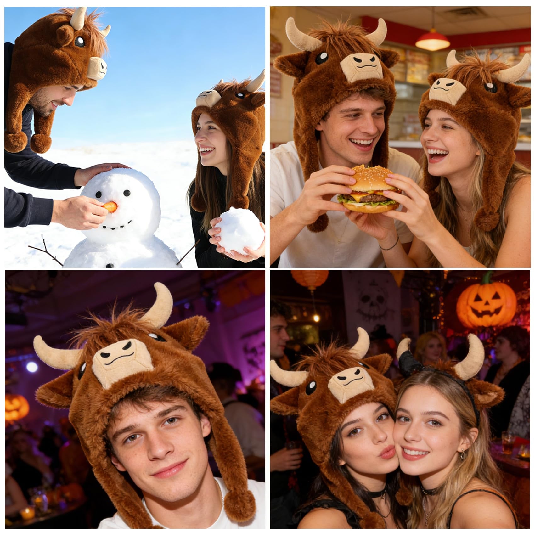 Cute Highland Cow Plush Hat – Cozy Scottish Cow Hood with Horns & Ears