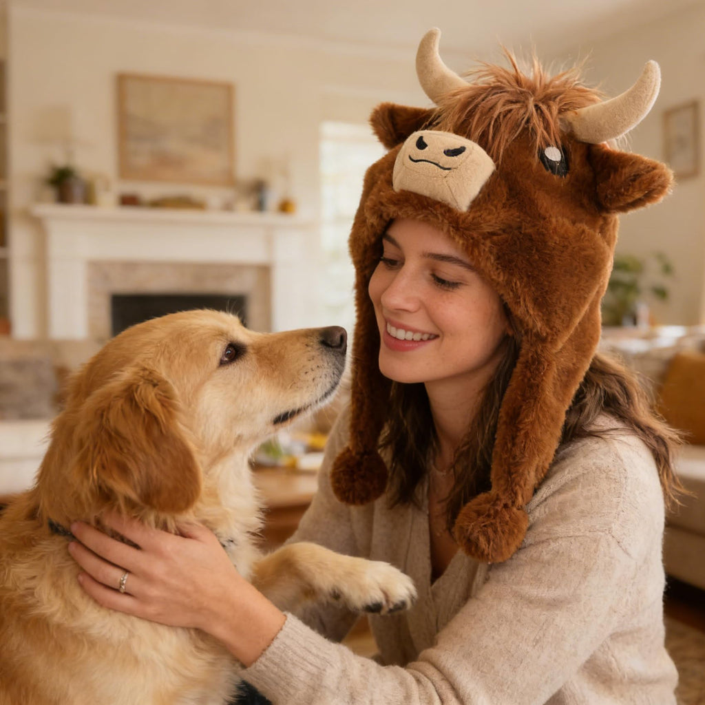 Cute Highland Cow Plush Hat – Cozy Scottish Cow Hood with Horns & Ears