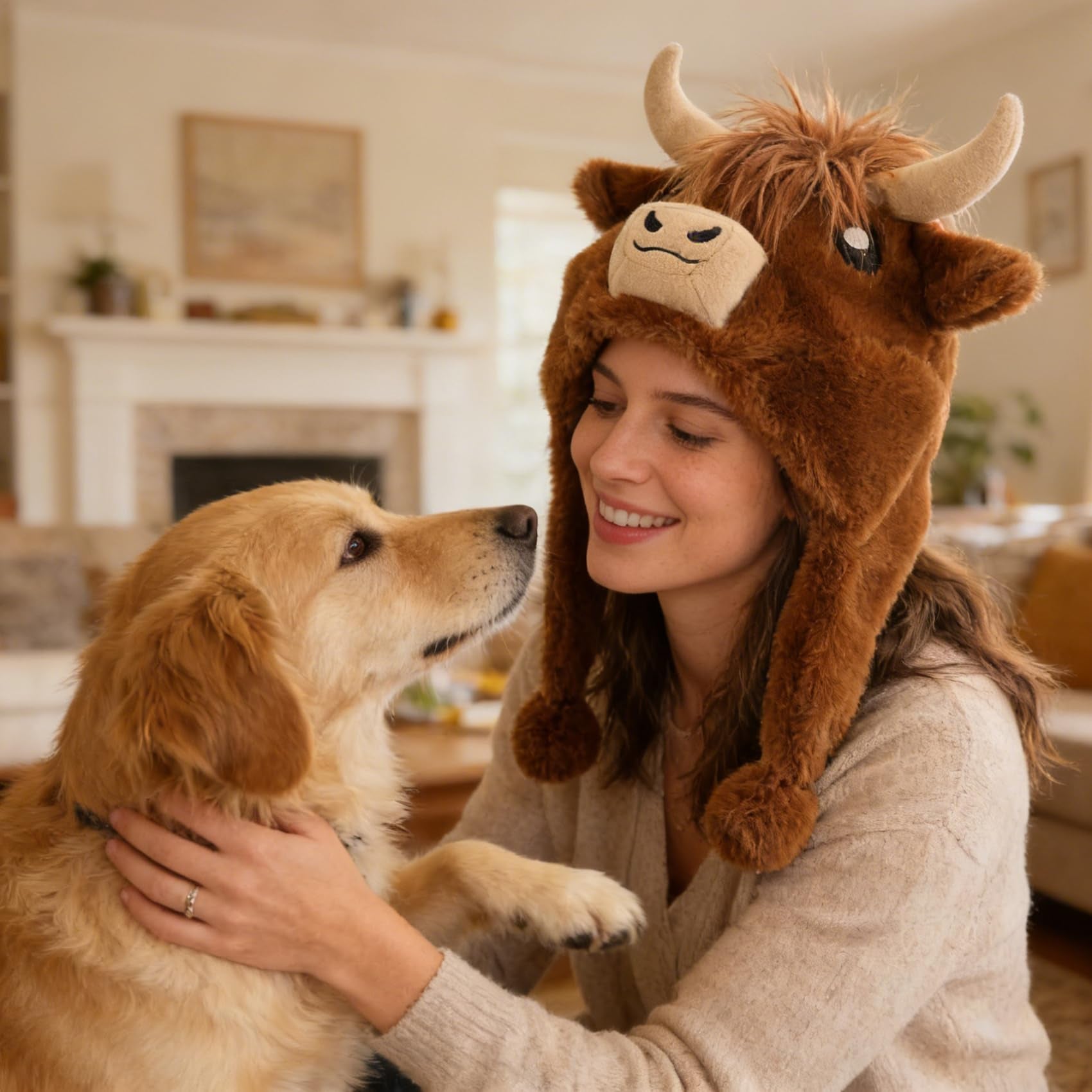 Cute Highland Cow Plush Hat – Cozy Scottish Cow Hood with Horns & Ears