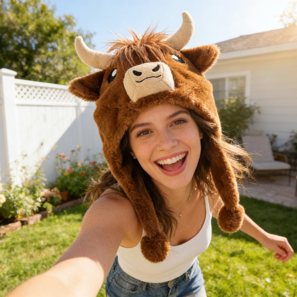 Cute Highland Cow Plush Hat – Cozy Scottish Cow Hood with Horns & Ears
