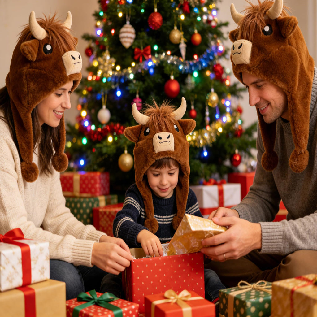 Cute Highland Cow Plush Hat – Cozy Scottish Cow Hood with Horns & Ears