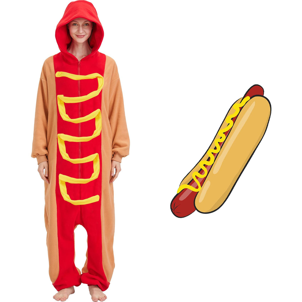 Adult Hot Dog Onesie Costume – Funny Food Pajamas with Removable Mustard Strip for Halloween & Costume Parties