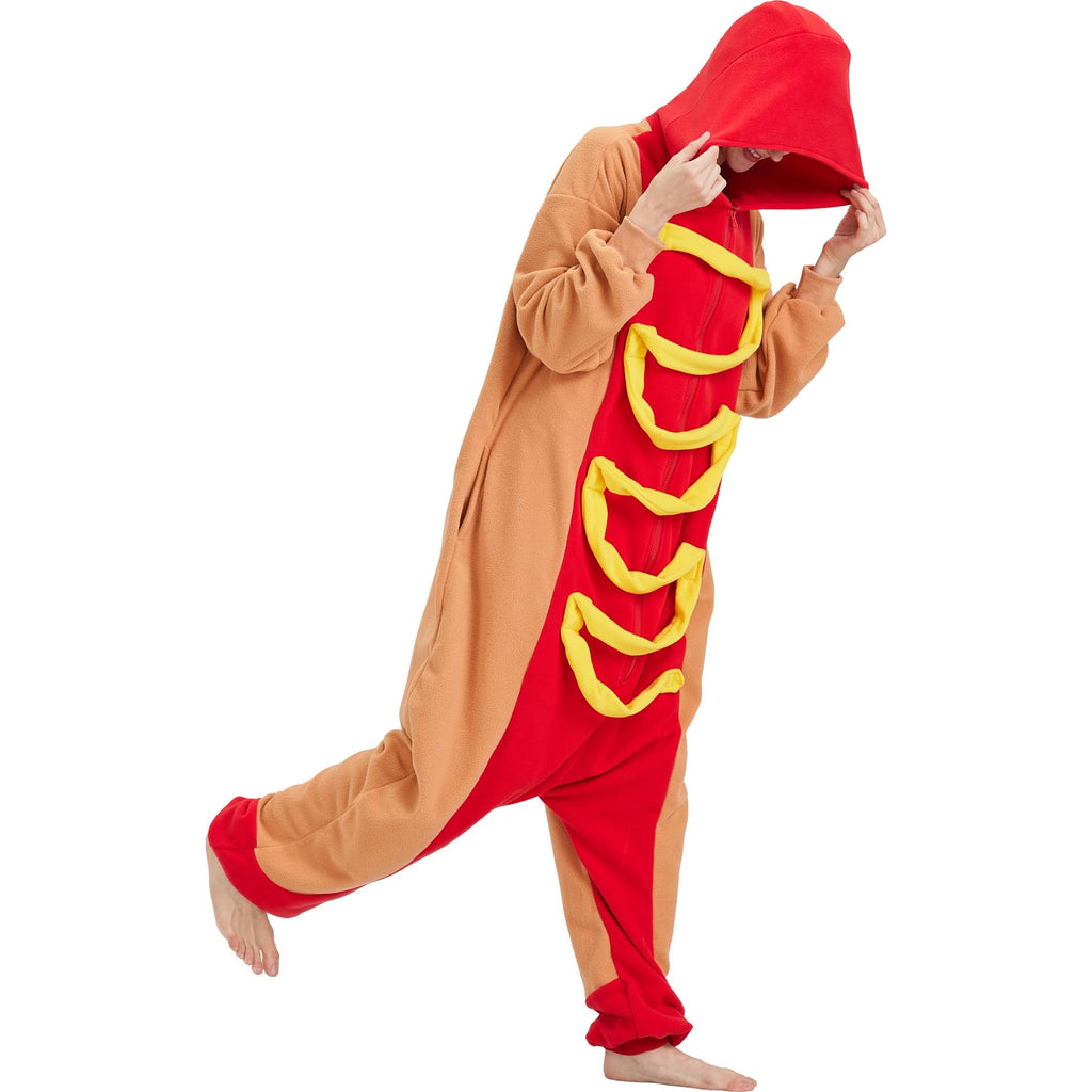 Adult Hot Dog Onesie Costume – Funny Food Pajamas with Removable Mustard Strip for Halloween & Costume Parties