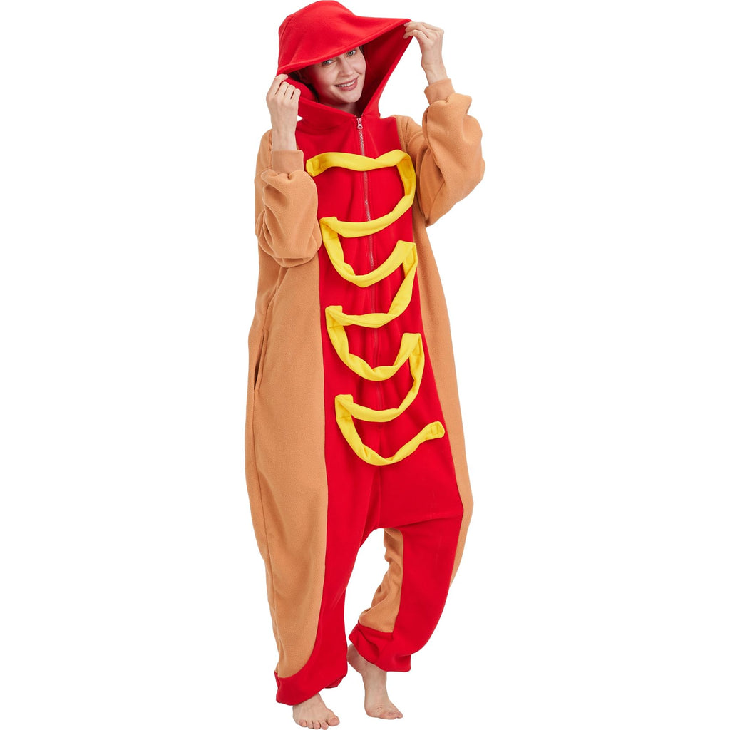 Adult Hot Dog Onesie Costume – Funny Food Pajamas with Removable Mustard Strip for Halloween & Costume Parties
