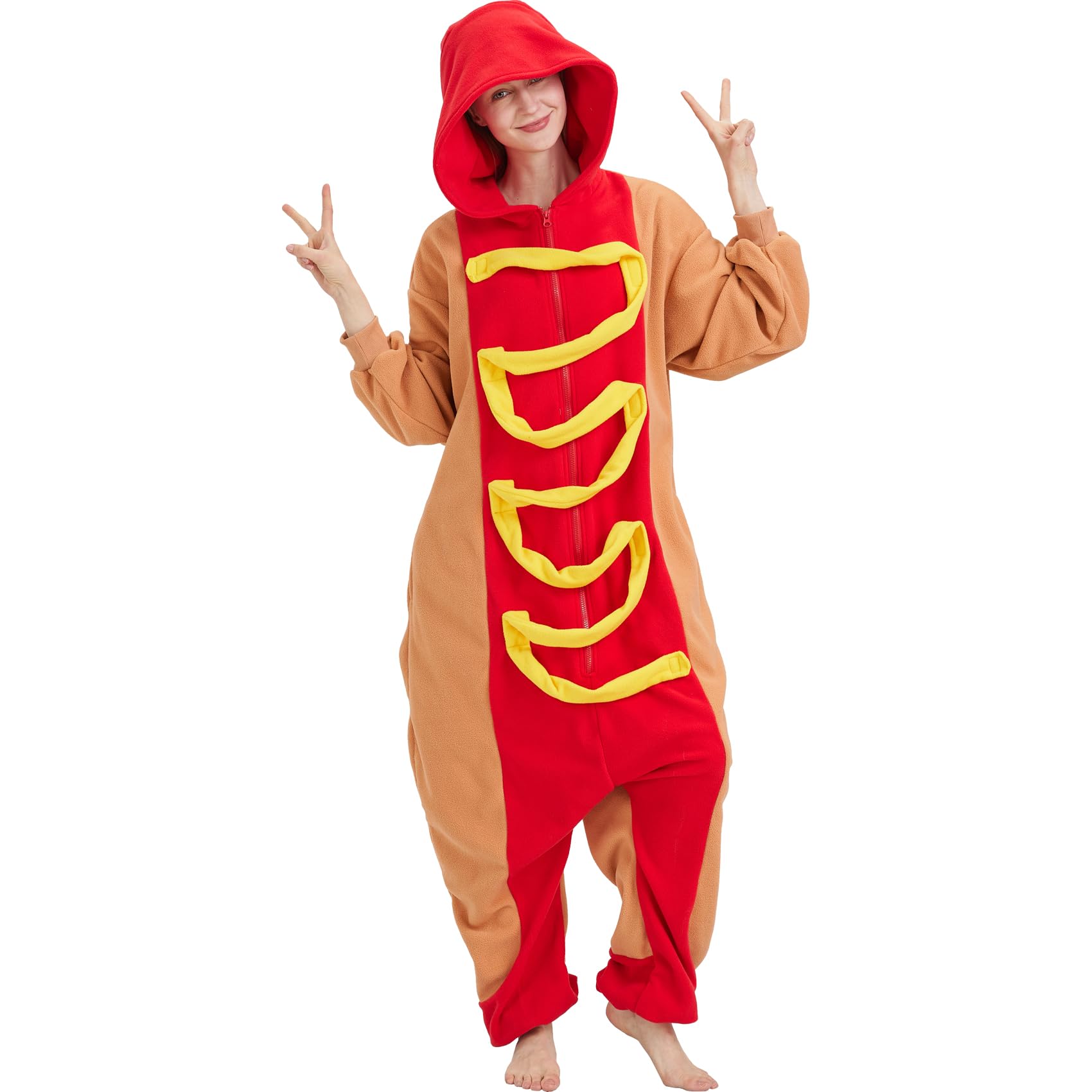 Adult Hot Dog Onesie Costume – Funny Food Pajamas with Removable Mustard Strip for Halloween & Costume Parties