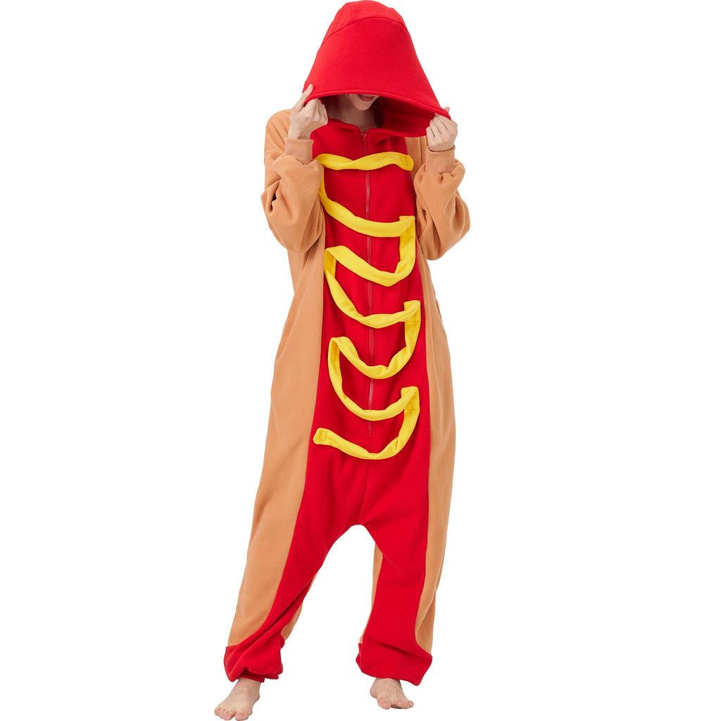 Adult Hot Dog Onesie Costume – Funny Food Pajamas with Removable Mustard Strip for Halloween & Costume Parties
