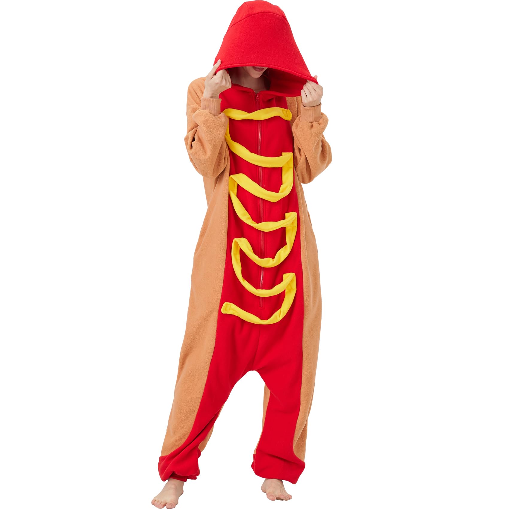Adult Hot Dog Onesie Costume – Funny Food Pajamas with Removable Mustard Strip for Halloween & Costume Parties