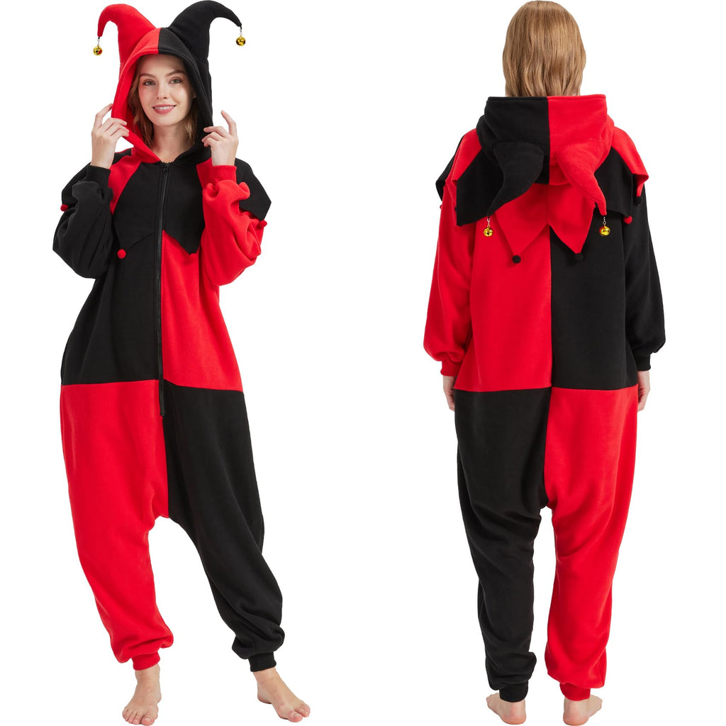 Gothic Clown Onesie Costume – Adult Red & Black Diamond Pajamas with Ruffled Collar & Detachable Bell Hat