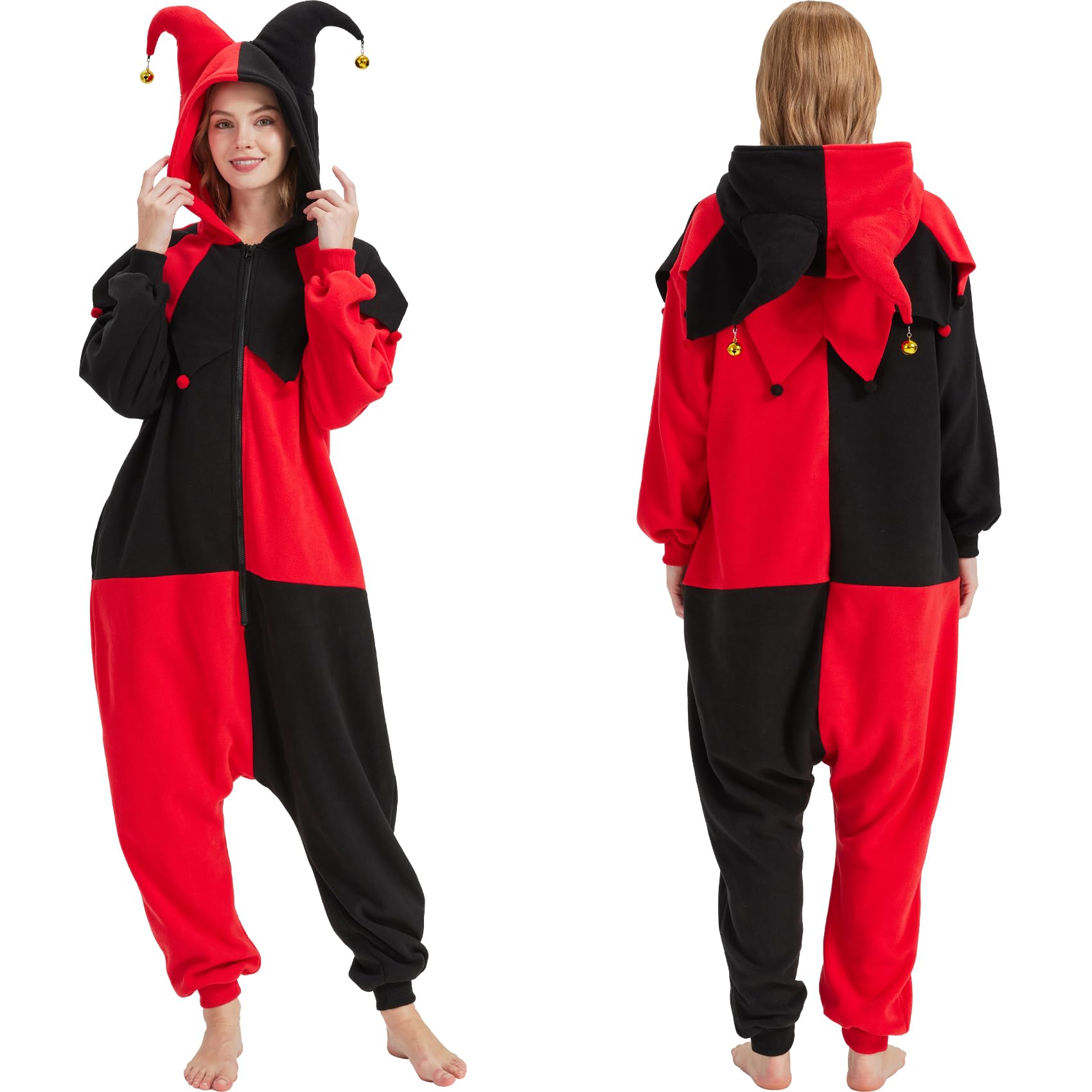 Gothic Clown Onesie Costume – Adult Red & Black Diamond Pajamas with Ruffled Collar & Detachable Bell Hat