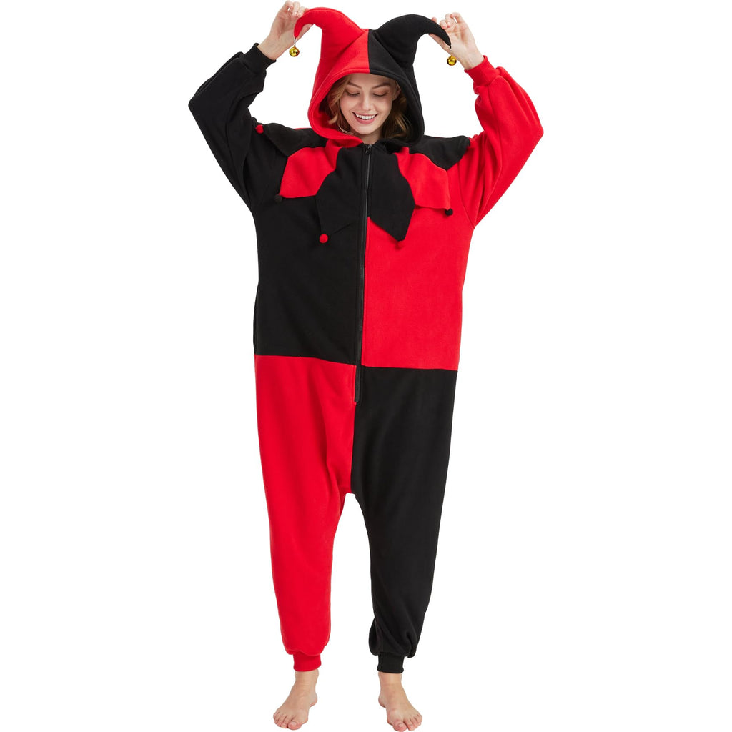Gothic Clown Onesie Costume – Adult Red & Black Diamond Pajamas with Ruffled Collar & Detachable Bell Hat