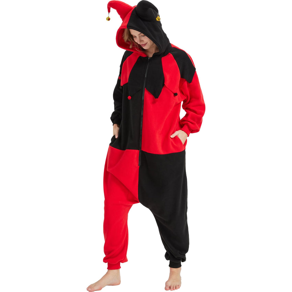 Gothic Clown Onesie Costume – Adult Red & Black Diamond Pajamas with Ruffled Collar & Detachable Bell Hat