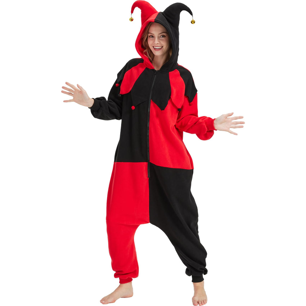 Gothic Clown Onesie Costume – Adult Red & Black Diamond Pajamas with Ruffled Collar & Detachable Bell Hat