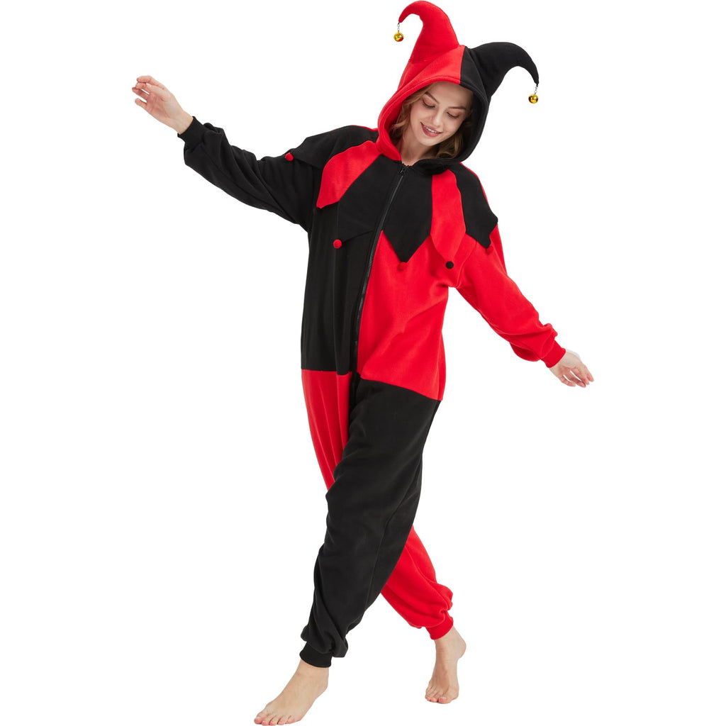 Gothic Clown Onesie Costume – Adult Red & Black Diamond Pajamas with Ruffled Collar & Detachable Bell Hat