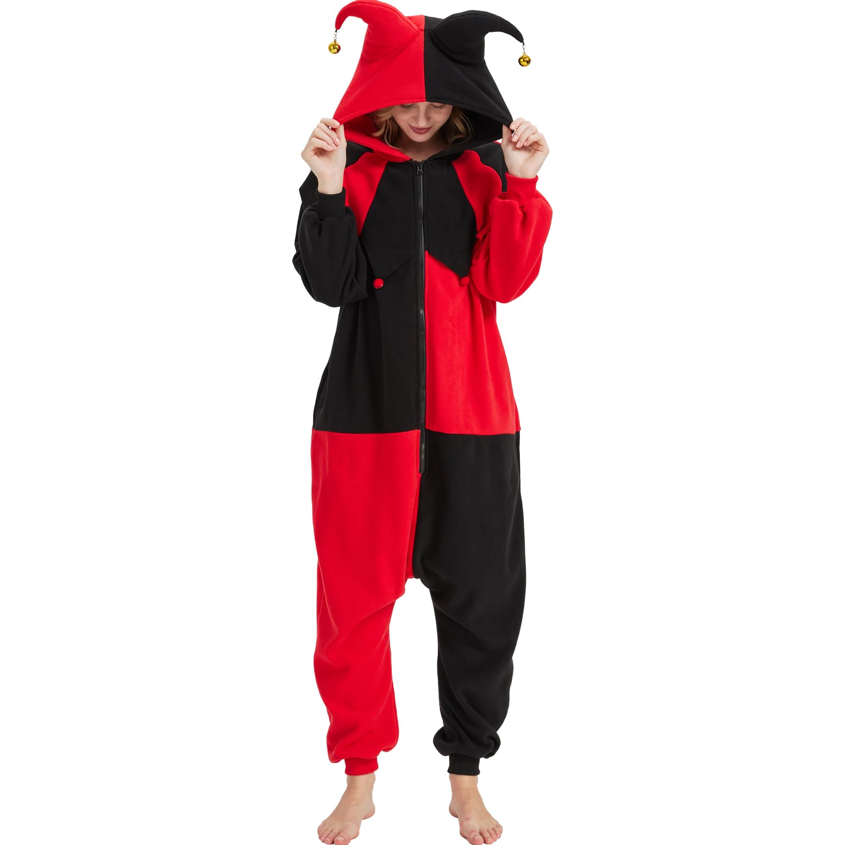 Gothic Clown Onesie Costume – Adult Red & Black Diamond Pajamas with Ruffled Collar & Detachable Bell Hat