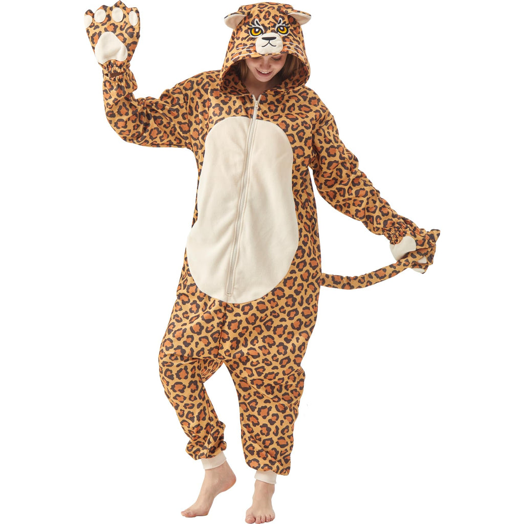 Adult Cheetah Onesie Costume – Wildcat Pajamas with Spotted Print & Cute Tail for Halloween & Cosplay