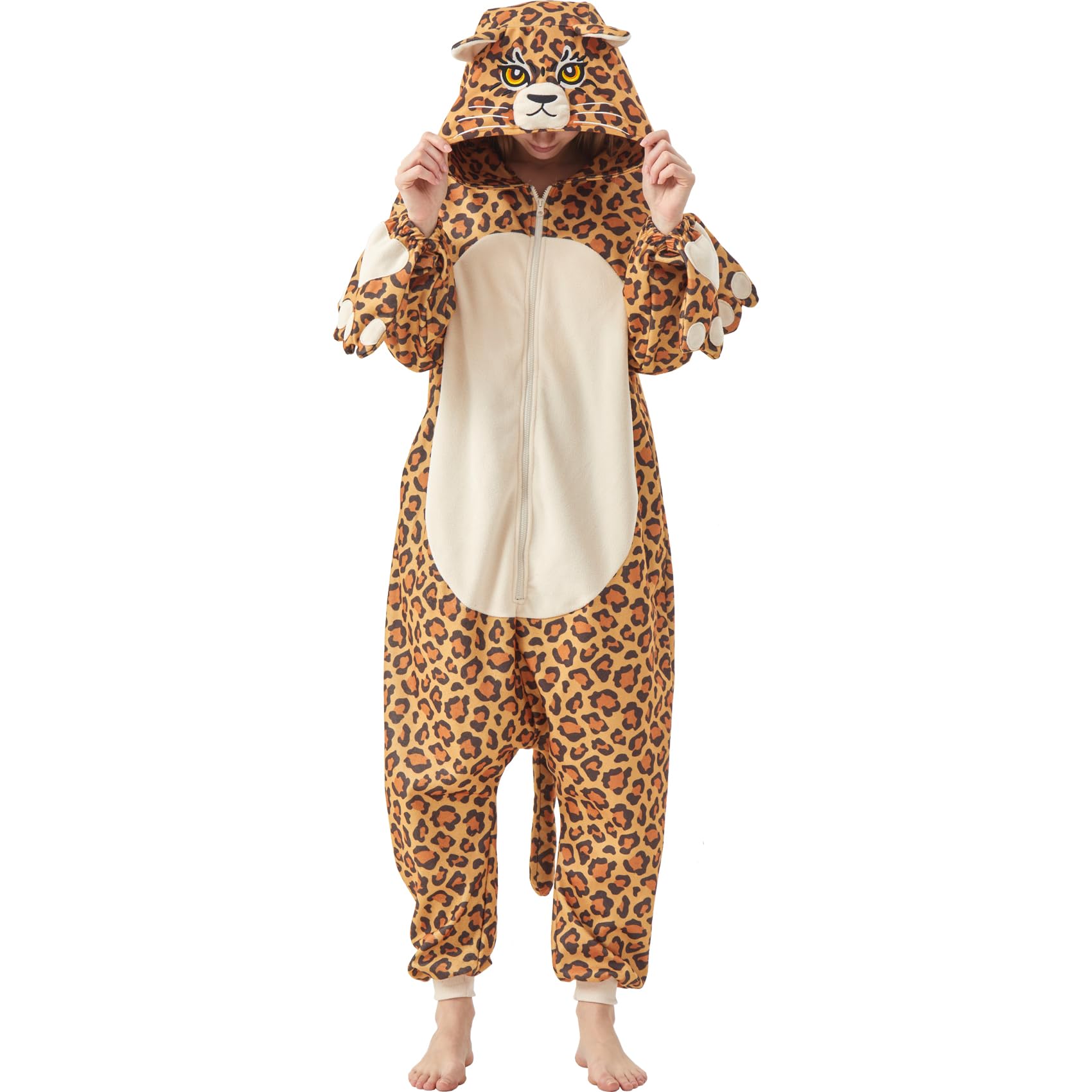 Adult Cheetah Onesie Costume – Wildcat Pajamas with Spotted Print & Cute Tail for Halloween & Cosplay