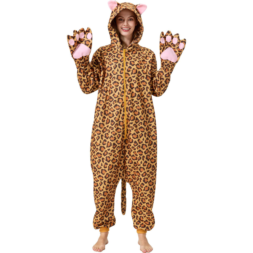 Adult Cheetah Onesie Costume – Wildcat Pajamas with Spotted Print & Cute Tail for Halloween & Cosplay