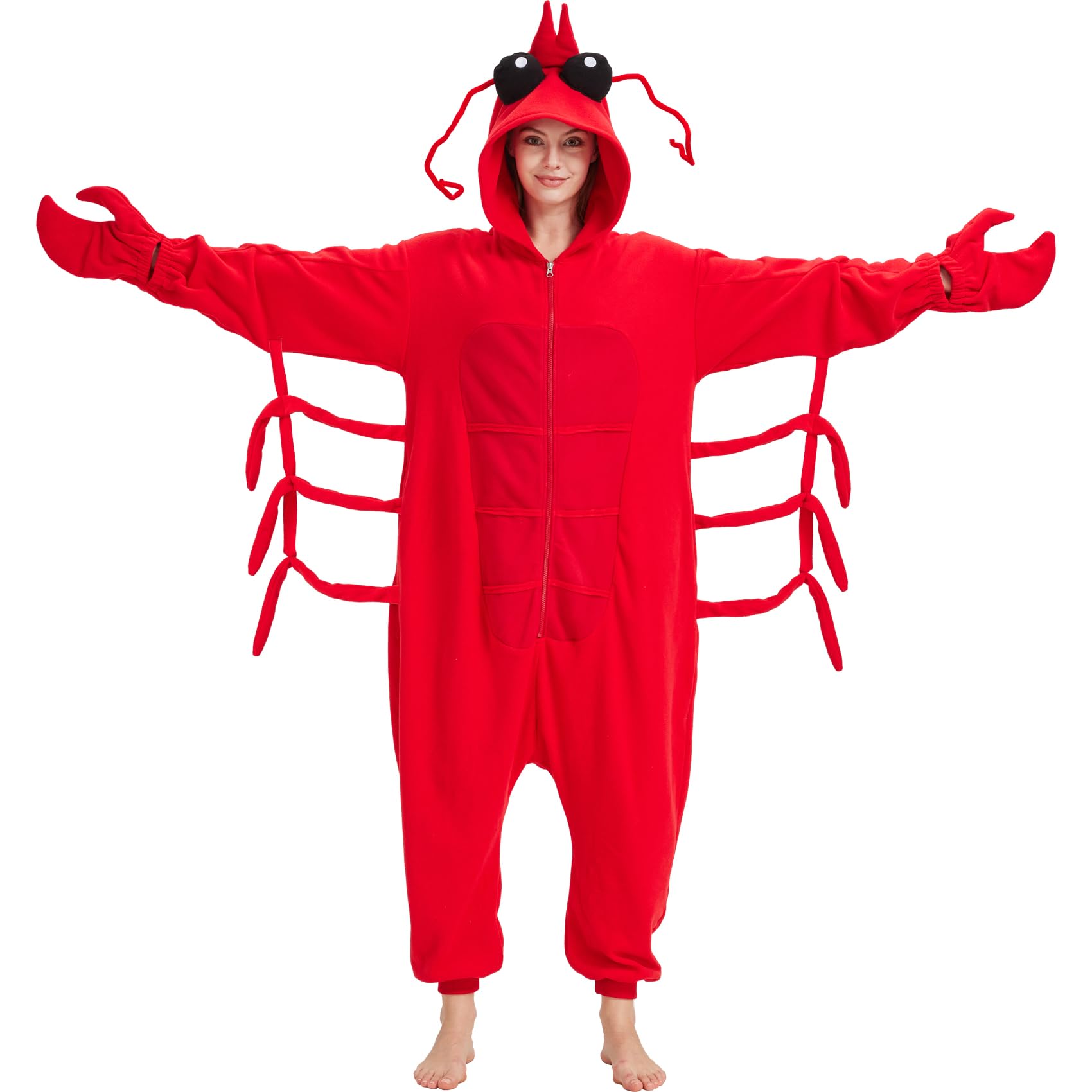 Adult Lobster Onesie Costume – Funny Crustacean Jumpsuit with Claw Gloves for Halloween & Themed Parties