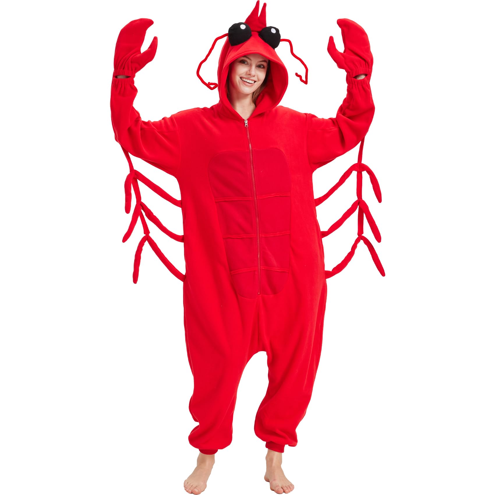 Adult Lobster Onesie Costume – Funny Crustacean Jumpsuit with Claw Gloves for Halloween & Themed Parties