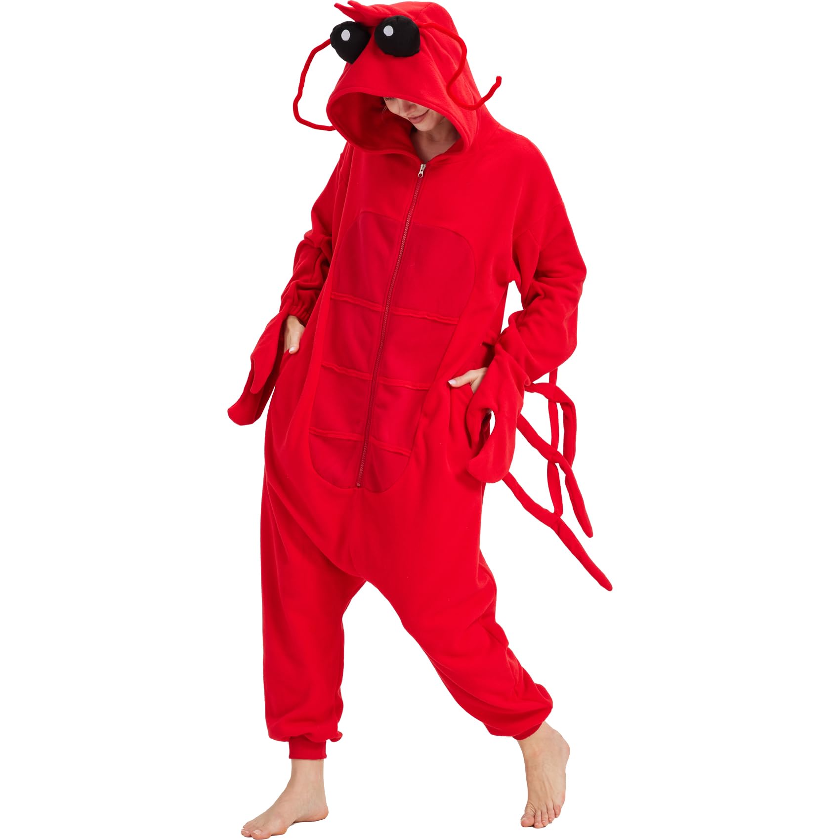 Adult Lobster Onesie Costume – Funny Crustacean Jumpsuit with Claw Gloves for Halloween & Themed Parties