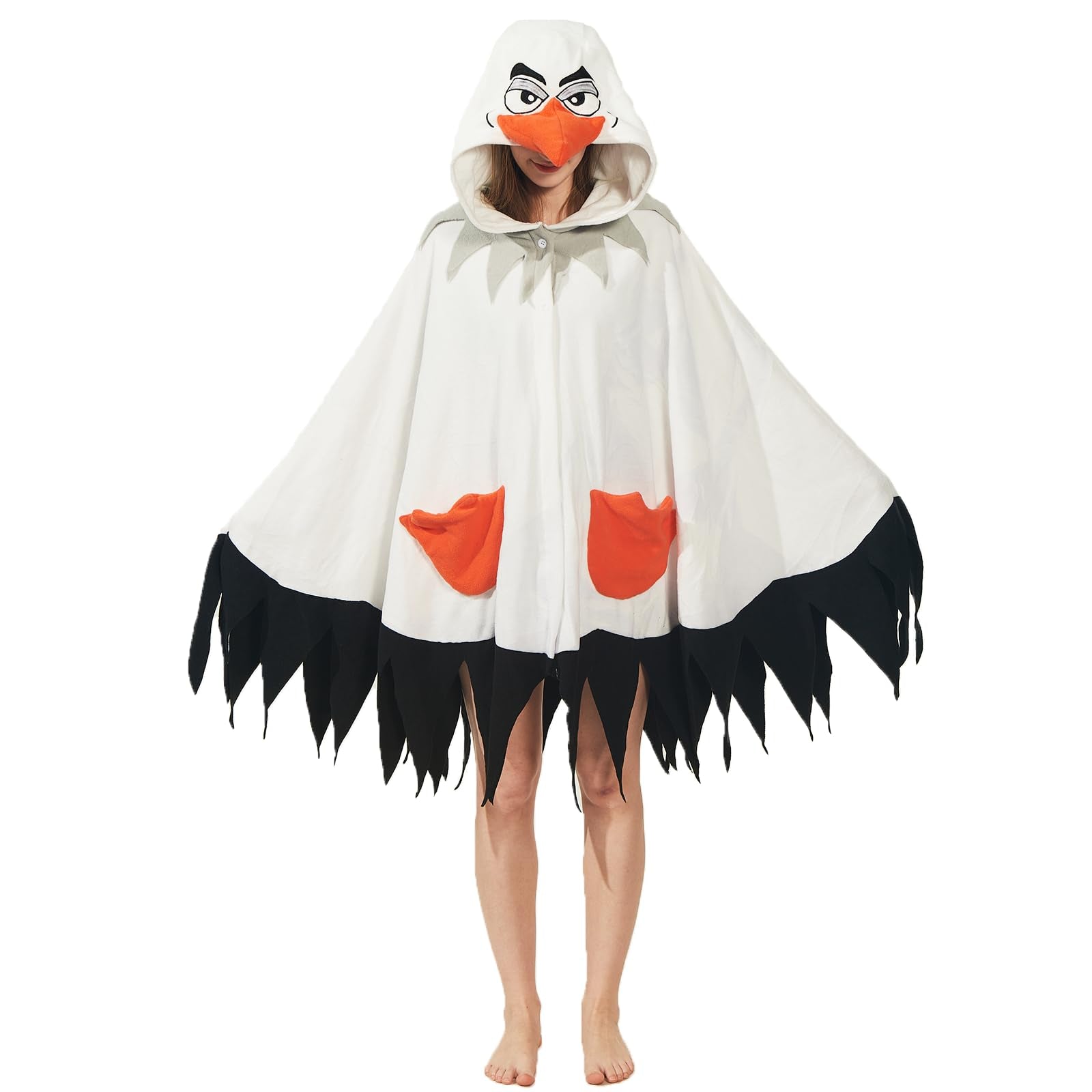 Adult Seagull Hooded Cape Costume – Winged Bird Poncho with Scalloped Hem for Halloween & Coastal-Themed Parties