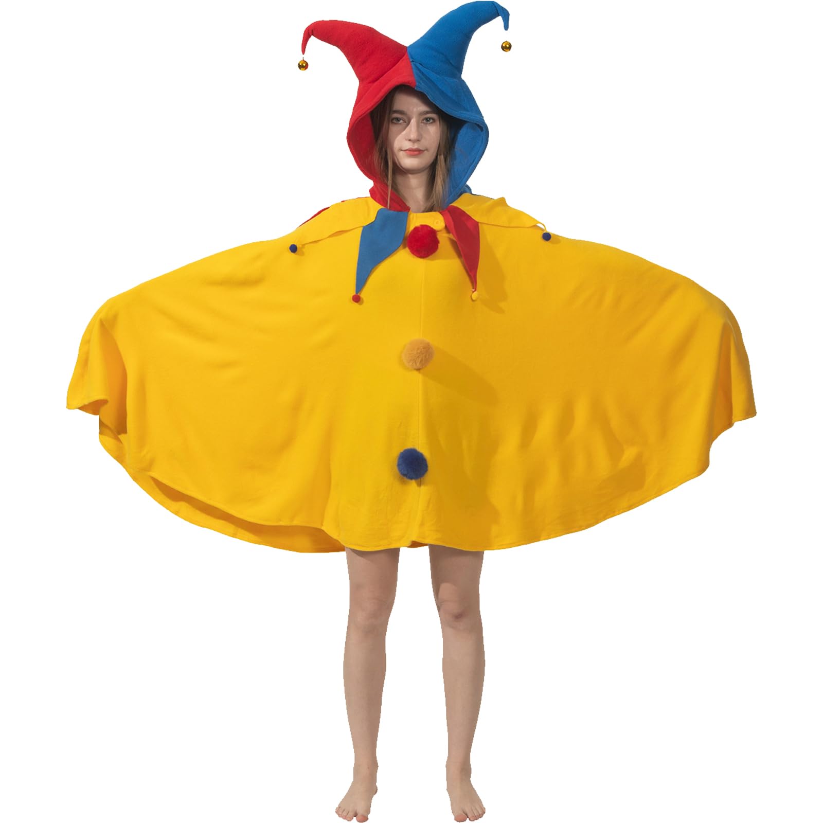 Jester Hooded Cloak Costume – Classic Fool’s Cape with Hat, Bells & Fur Balls for Halloween & Cosplay