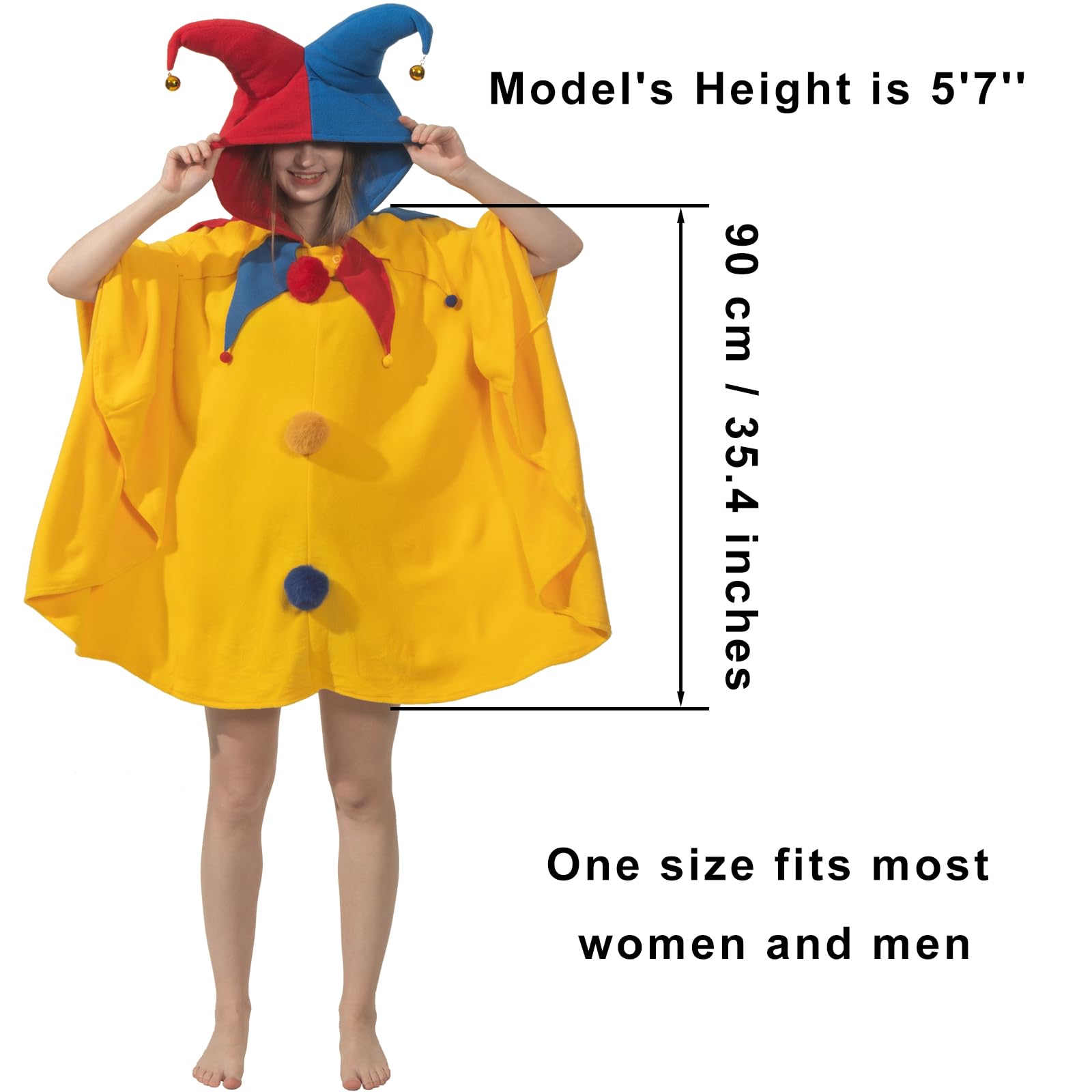 Jester Hooded Cloak Costume – Classic Fool’s Cape with Hat, Bells & Fur Balls for Halloween & Cosplay