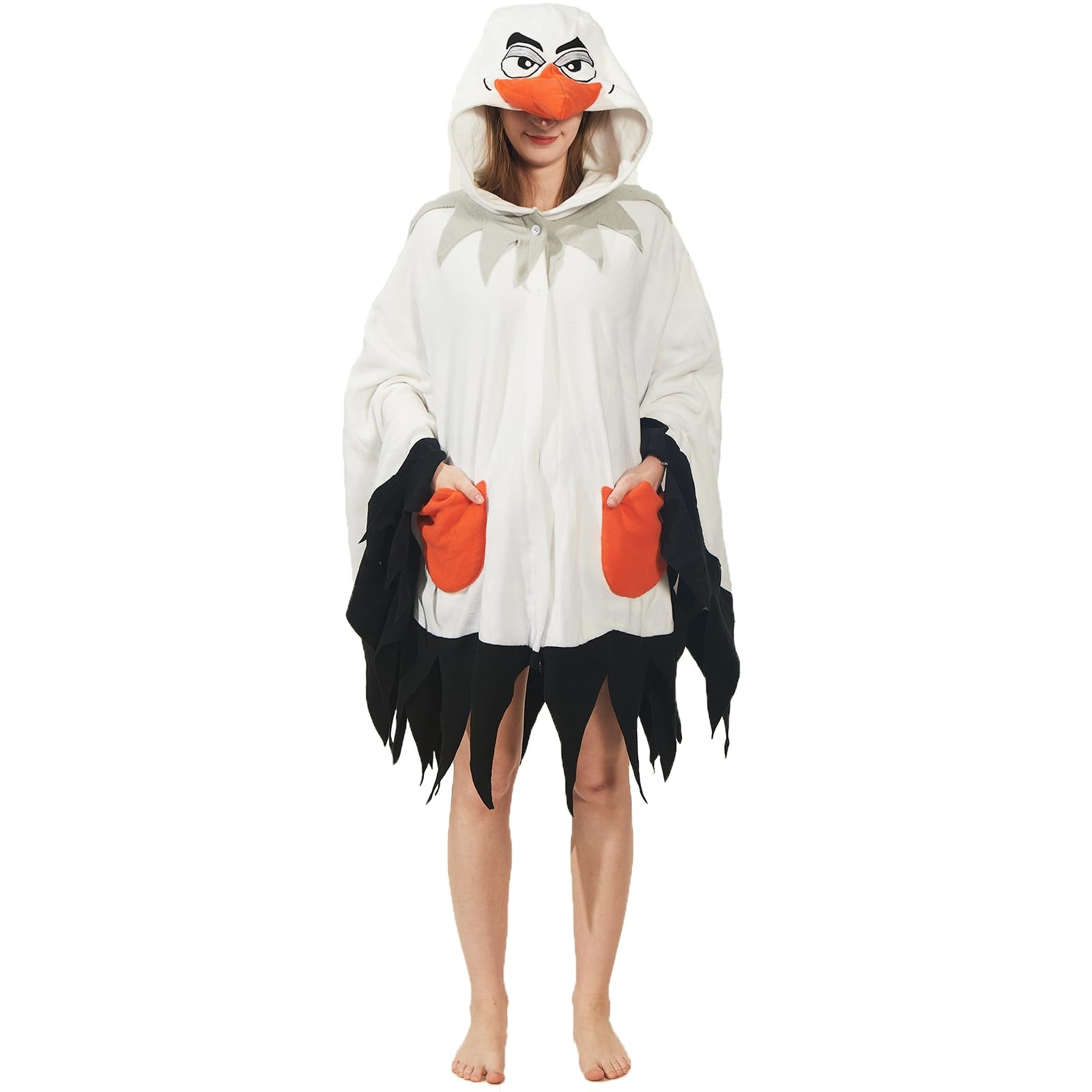 Adult Seagull Hooded Cape Costume – Winged Bird Poncho with Scalloped Hem for Halloween & Coastal-Themed Parties