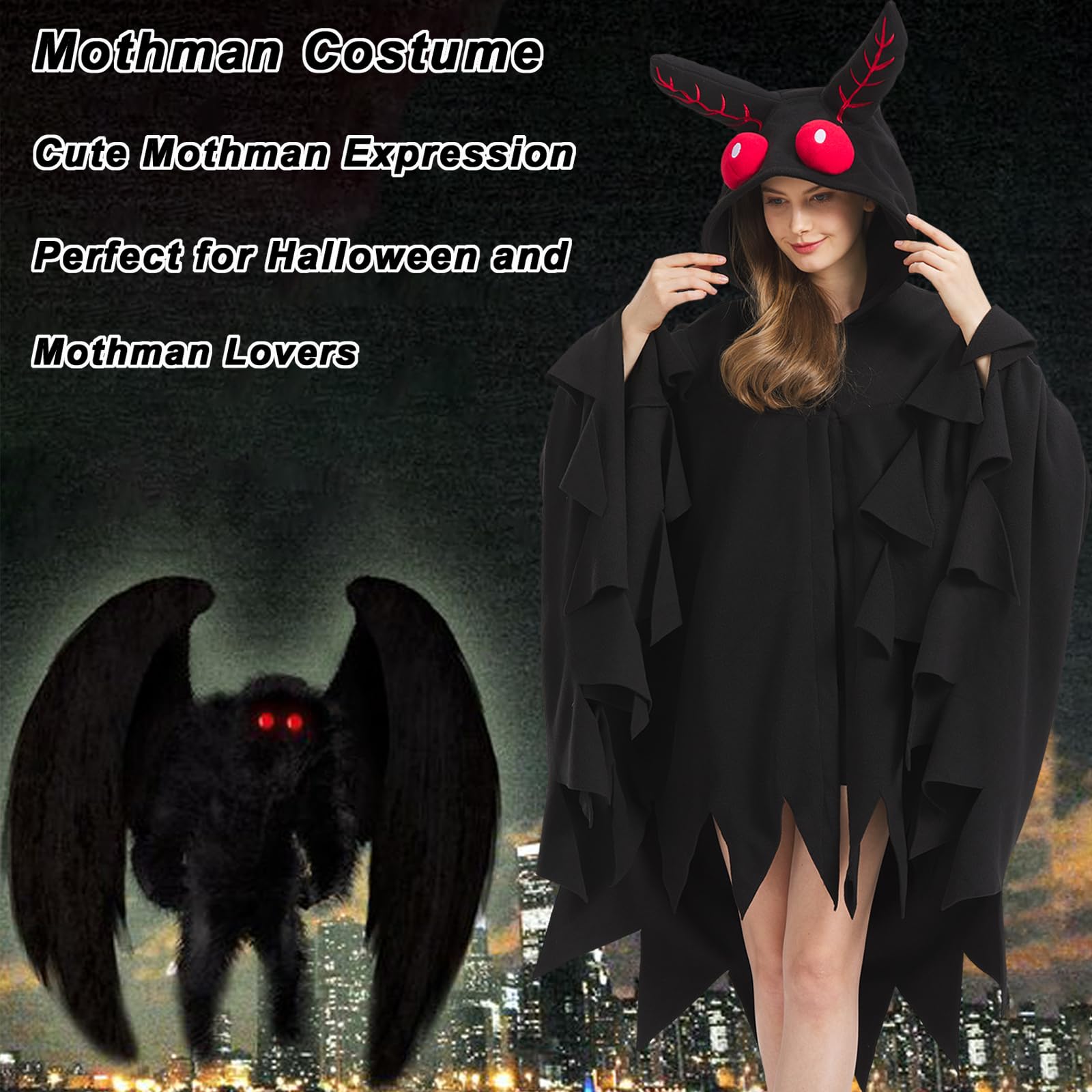 AIYOUYIYA Mothman Cosplay Cape – Plush Fleece Cryptid Cloak with Red Eyes & Ears Embrace the Legend with the Ultimate Mothman Cosplay Cape!