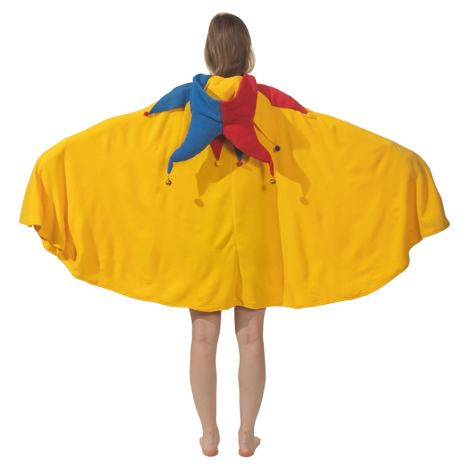 Jester Hooded Cloak Costume – Classic Fool’s Cape with Hat, Bells & Fur Balls for Halloween & Cosplay