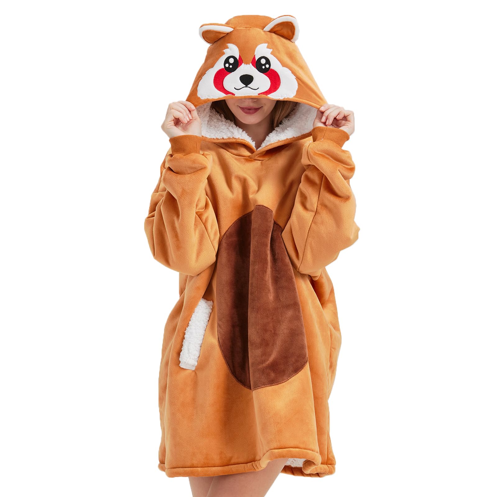 Red Panda Wearable Blanket Hoodie – Sherpa & Flannel Plush Poncho