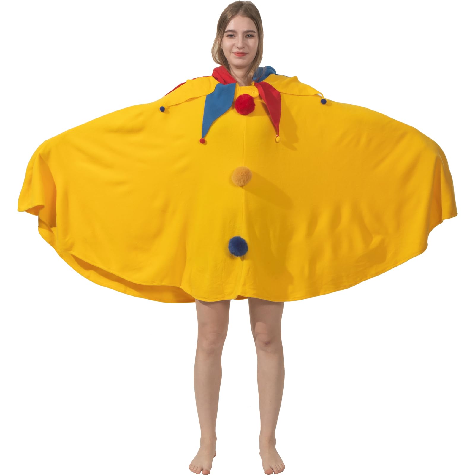 Jester Hooded Cloak Costume – Classic Fool’s Cape with Hat, Bells & Fur Balls for Halloween & Cosplay