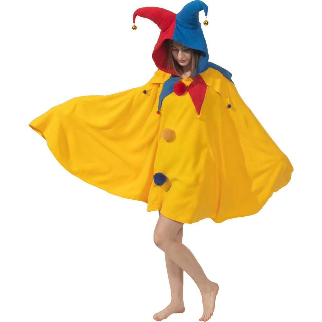 Jester Hooded Cloak Costume – Classic Fool’s Cape with Hat, Bells & Fur Balls for Halloween & Cosplay