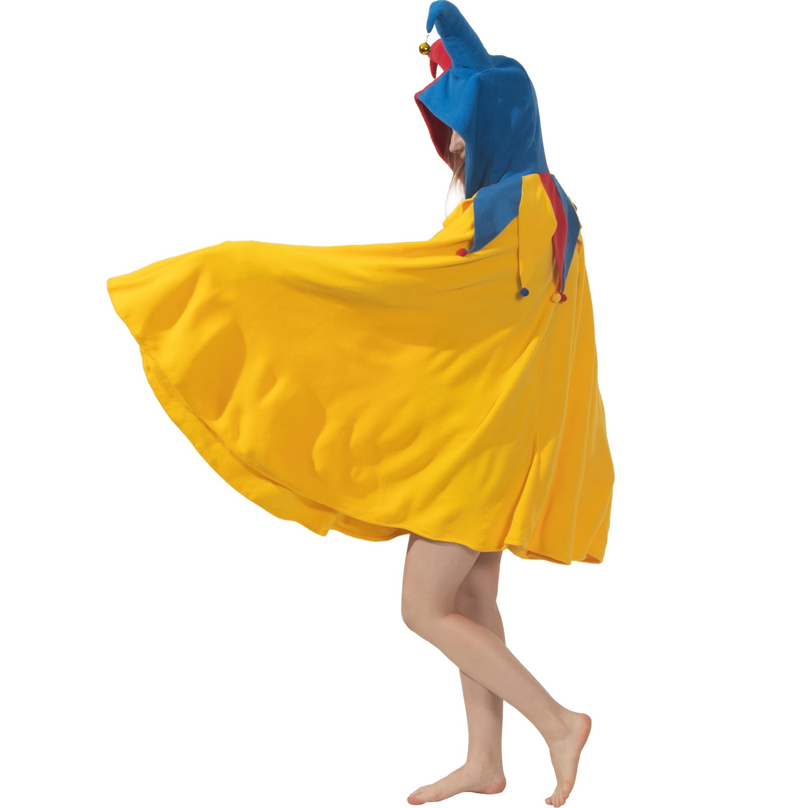 Jester Hooded Cloak Costume – Classic Fool’s Cape with Hat, Bells & Fur Balls for Halloween & Cosplay