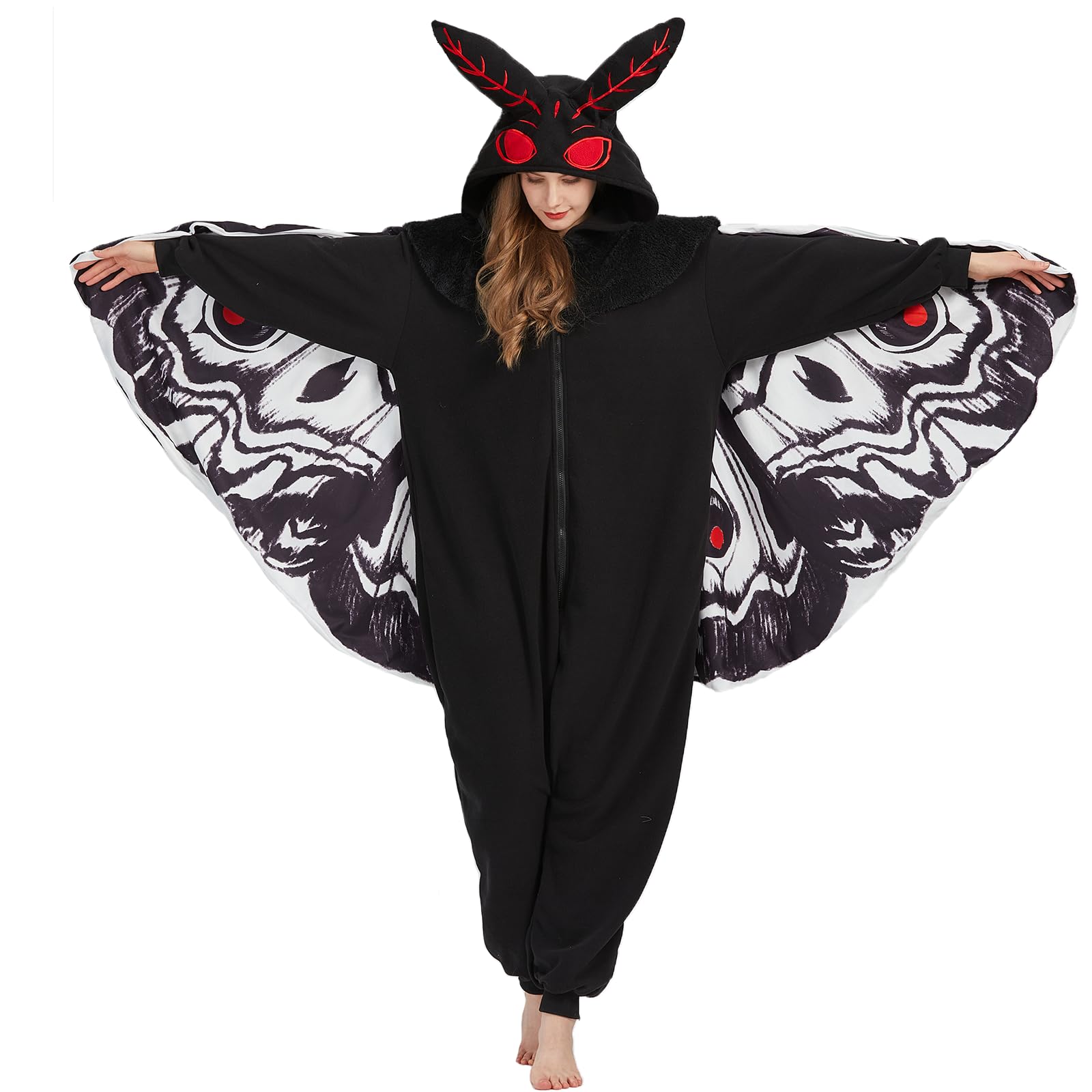 Adult Mothman Onesie Costume – Cryptid Creature Pajamas with Wings, Eyes & Ears for Halloween & Cosplay