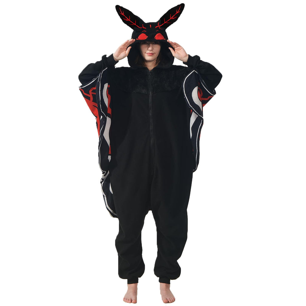 Scary Mothman Onesie – Polar Fleece Cryptid Costume with Wings & Red Eyes